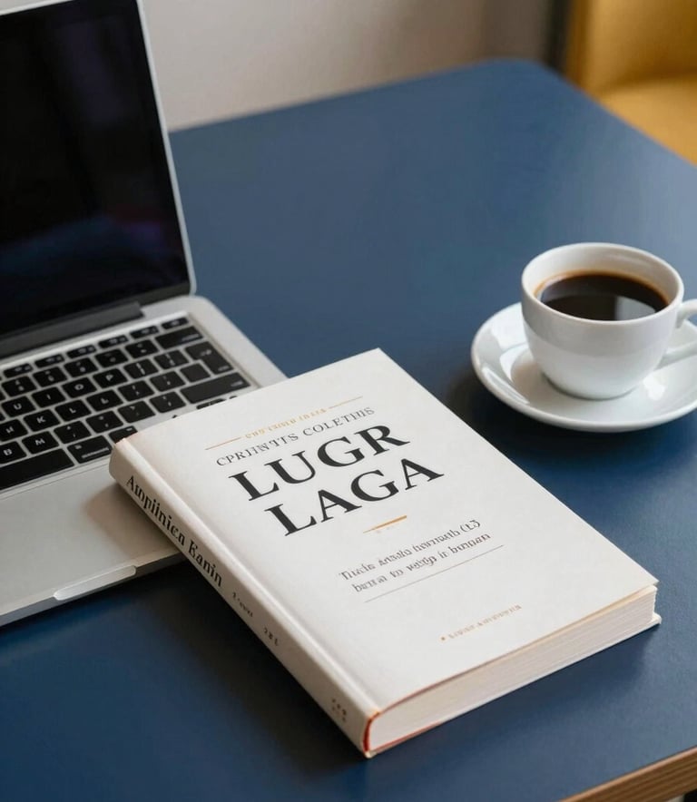 A clean, professional workspace with an open laptop, a legal textbook, and a cup of coffee. The lighting is soft and natural, with accents of deep navy blue and golden yellow in the decor, symbolizing a structured and calm study environment.