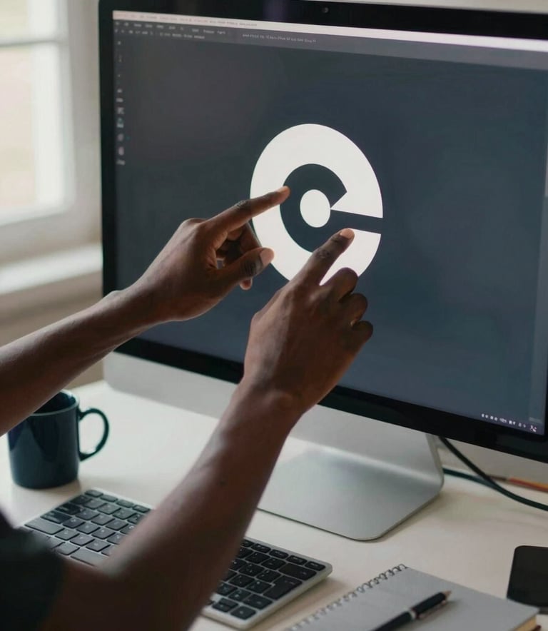 A close-up photograph in a Central African / Congolese modern graphic studio. A professional's hands are adjusting a logo on a large computer screen. The workspace is clean and organized, featuring items like a dark blue mug and a light grey notebook, with soft natural light coming from a window.