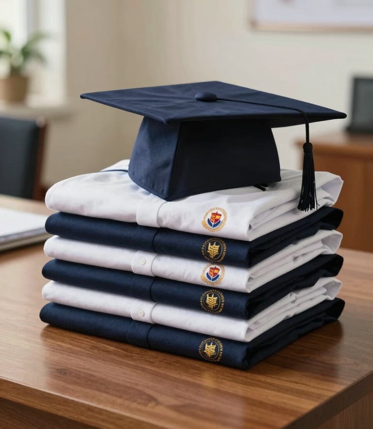 A stack of neatly folded personalized school uniforms and caps with a school logo, placed on a clean wooden table in a bright Central African administrative office.