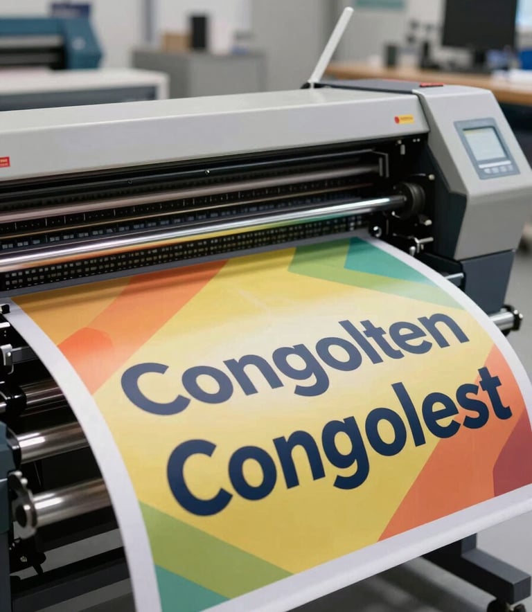 A close-up of a large-format industrial printer in action, producing a vibrant event banner with clear text, in a clean and modern Congolese production studio.