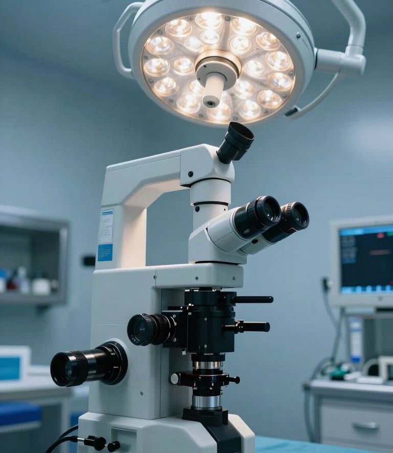 A high-precision surgical microscope in a modern North American medical facility, clean and sterile environment with soft deep blue accents, professional surgical lighting, cinematic composition.