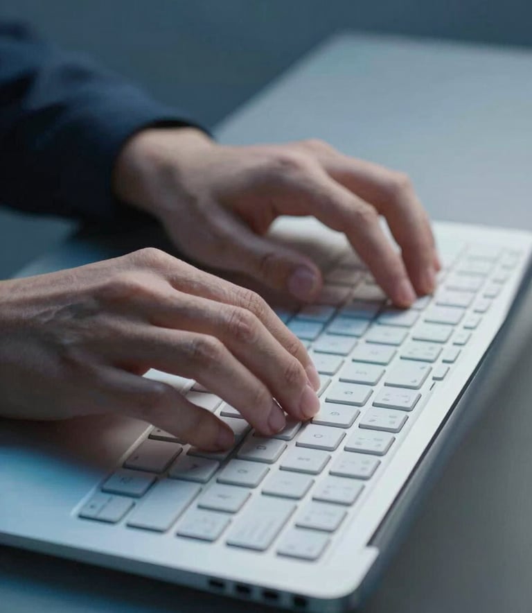 A high-quality photo of hands typing on a sleek keyboard, focus on the fingers, in a professional Central European / German digital studio, utilizing Pale Silver Blue and Muted Steel Blue lighting.