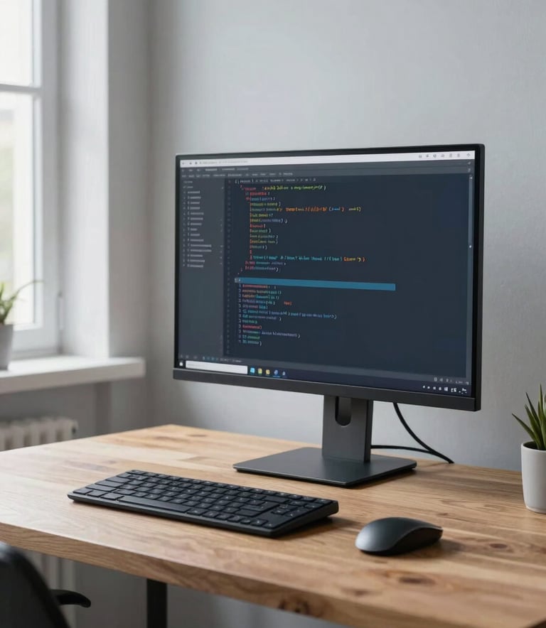 A minimalist and organized workspace in a modern Central European / German home office. A high-resolution monitor sits on a wooden desk, showing clean code structures. Soft morning light enters through a window. The palette features Very Light Grey and Soft Blue-Grey tones.