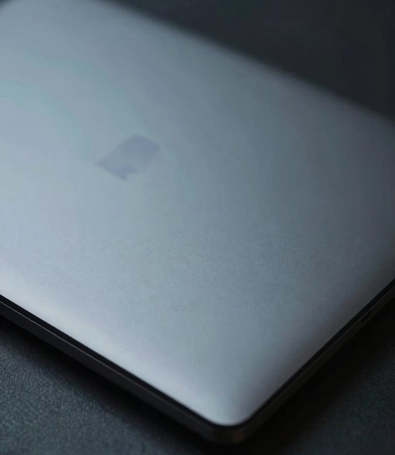 A close-up shot of a sleek, dark metallic laptop lid in a professional Central European / German office setting. The lighting is moody and focused, highlighting the clean lines and texture of the hardware. Colors include Dark Slate Grey and Muted Teal.