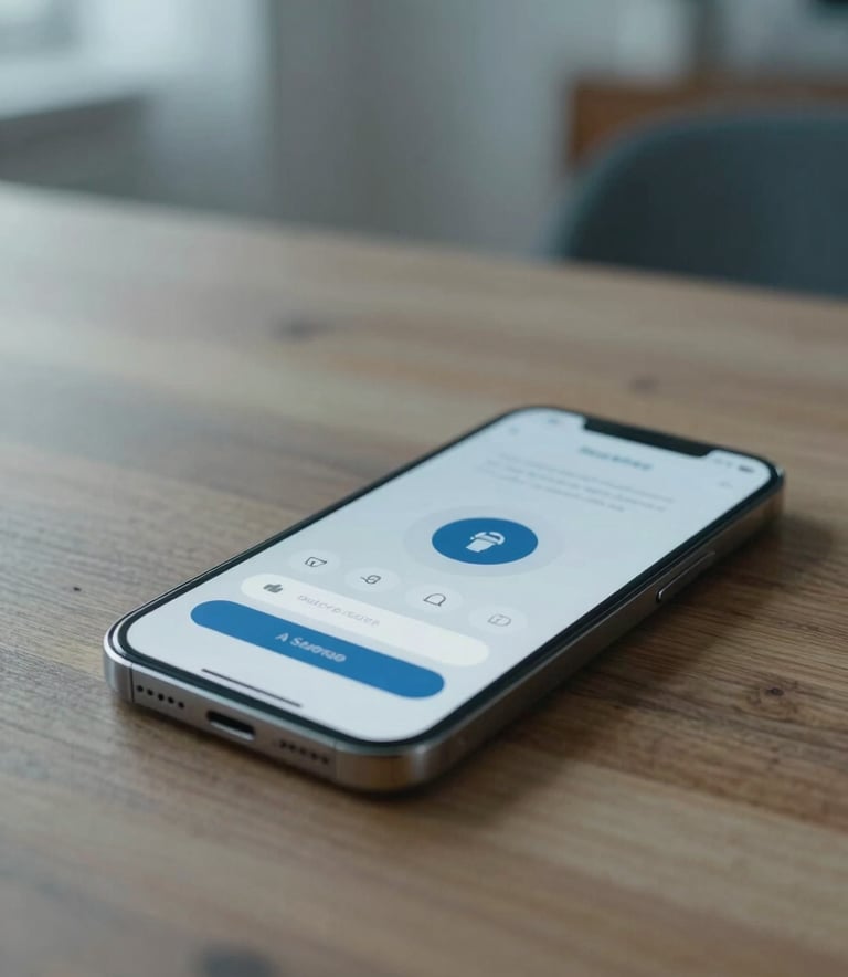 A close-up of a modern smartphone showing a secure password entry screen, lying on a wooden desk in a minimalist Central European / German apartment, soft lighting with Muted Steel Blue and Pale Silver Blue tones.