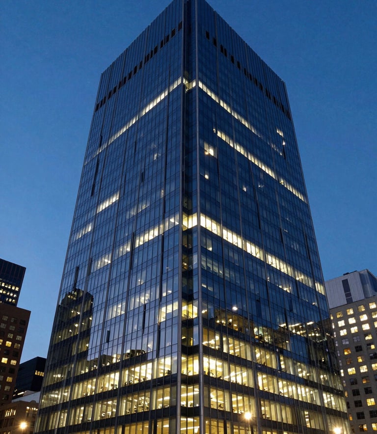 A perspective shot of a modern glass skyscraper in a North American / US business district under a clear Midnight Blue twilight sky, glowing interior lights, sharp lines, architectural photography.
