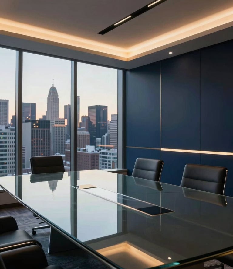 A sophisticated North American / US executive board room with clean architectural lines, featuring a large glass table reflecting soft gold and deep navy interior accents, with a view of a city skyline at dusk.