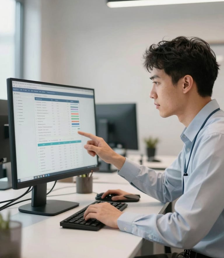 A professional specialist in a modern North American / US workspace analyzing data on a sleek, minimalist monitor, with high-end steel blue and off-white office decor in the background.