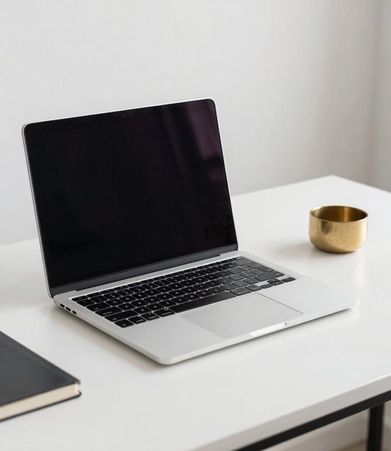 A clean, minimalist North American / US workspace with a sleek laptop on a Soft Pearl desk, a single Muted Gold decorative object, sharp focus, bright and airy lighting, sophisticated corporate atmosphere.