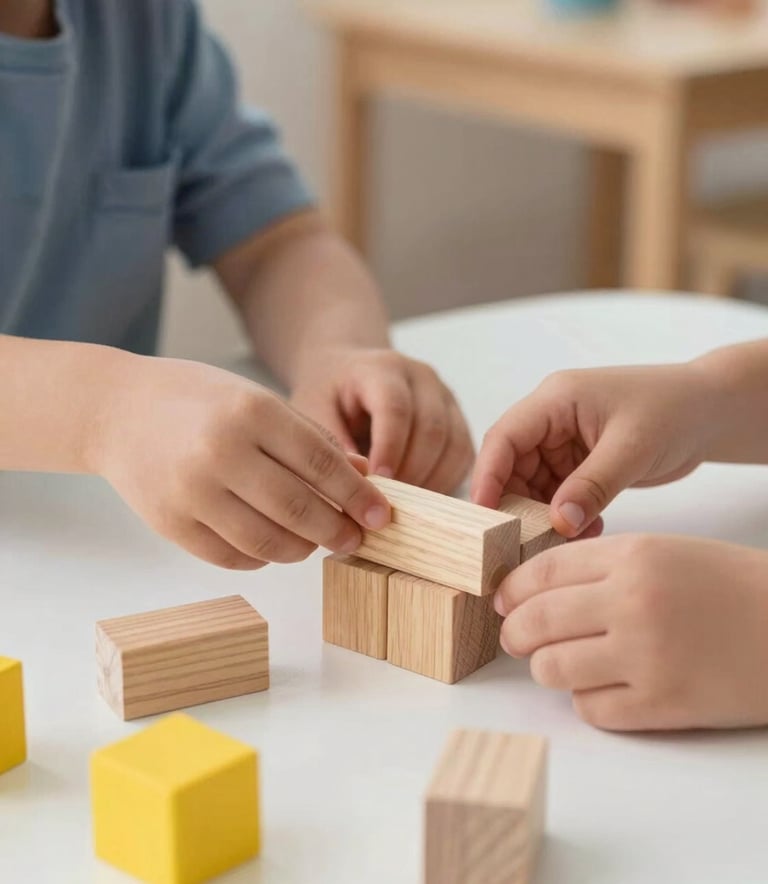 Close-up photography of a child's small hands playing with wooden blocks and yellow building toys on a white table. Professional, soft focus, bright natural lighting, North American / US preschool setting.