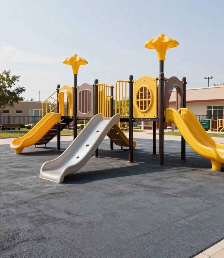A wide-angle shot of a clean, modern North American / US preschool playground with safe grey rubber flooring and yellow climbing equipment. The scene is bright and engaging under a clear sky.