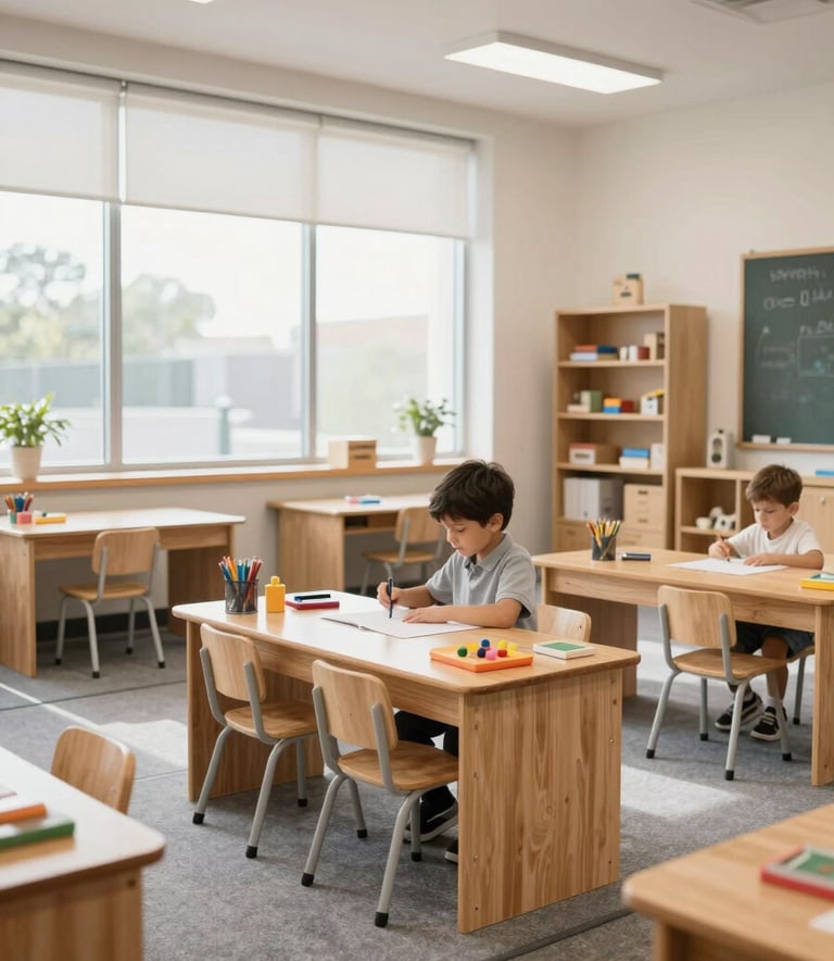 Interior shot of a modern North American / US classroom featuring wooden learning materials and grey rugs. Large windows let in bright light, highlighting a clean and stimulating environment for children. High-end photography.