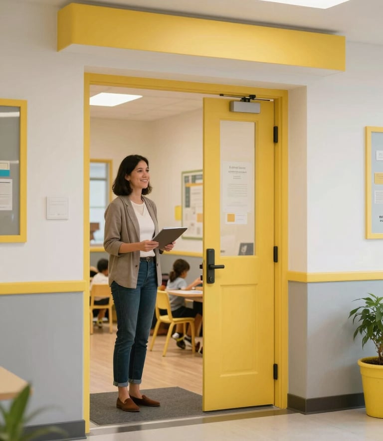 A warm and bright North American / US preschool entrance. A friendly educator stands in a hallway decorated with yellow and grey accents, welcoming parents. Professional photography, soft natural lighting, clean and nurturing atmosphere.