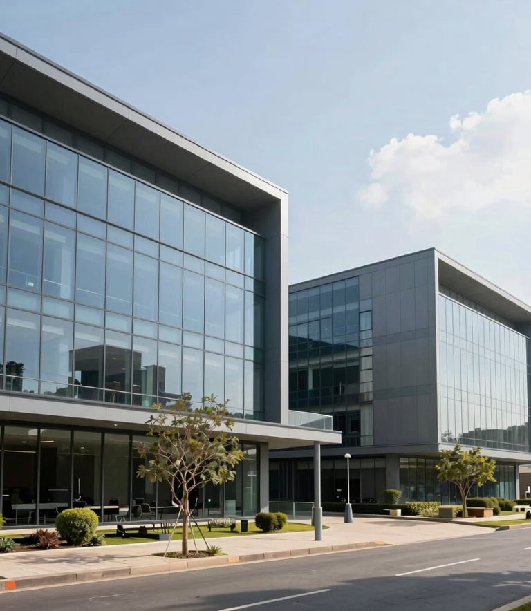 The exterior of a modern, eco-friendly business complex in Sub-Saharan Africa, featuring clean glass and steel architecture. The scene is bright and professional, suggesting a stable and growing advisory firm that values expertise and modern systems.