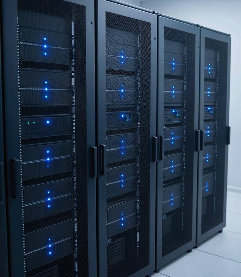 A sophisticated, high-angle photograph of a modern server room, featuring deep navy blue server racks and soft blue indicator lights in a pristine, Scandinavian-style clean environment.