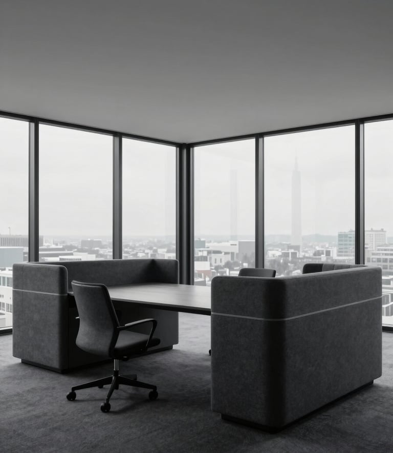 A wide-angle, professional photograph of a minimalist Scandinavian executive office with charcoal gray furniture and a panoramic view, capturing an atmosphere of trust and high-end enterprise security.