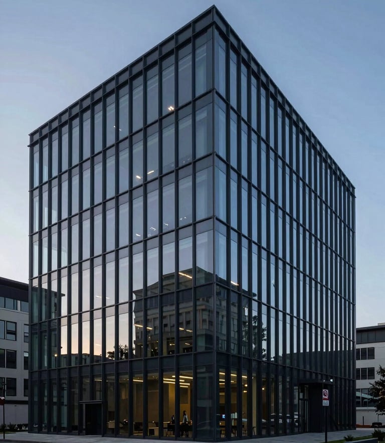 A wide shot of a modern, minimalist glass office building at dusk, reflecting deep navy blue and charcoal gray hues. The lighting is crisp and clear, conveying authority and trust in a professional B2B setting.