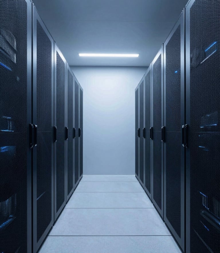 A minimalist, high-end server room interior with clean lines and soft blue ambient lighting. The perspective is symmetrical, emphasizing precision and technical depth. Scandinavian design influences in the architecture. Professional, enterprise-grade atmosphere.