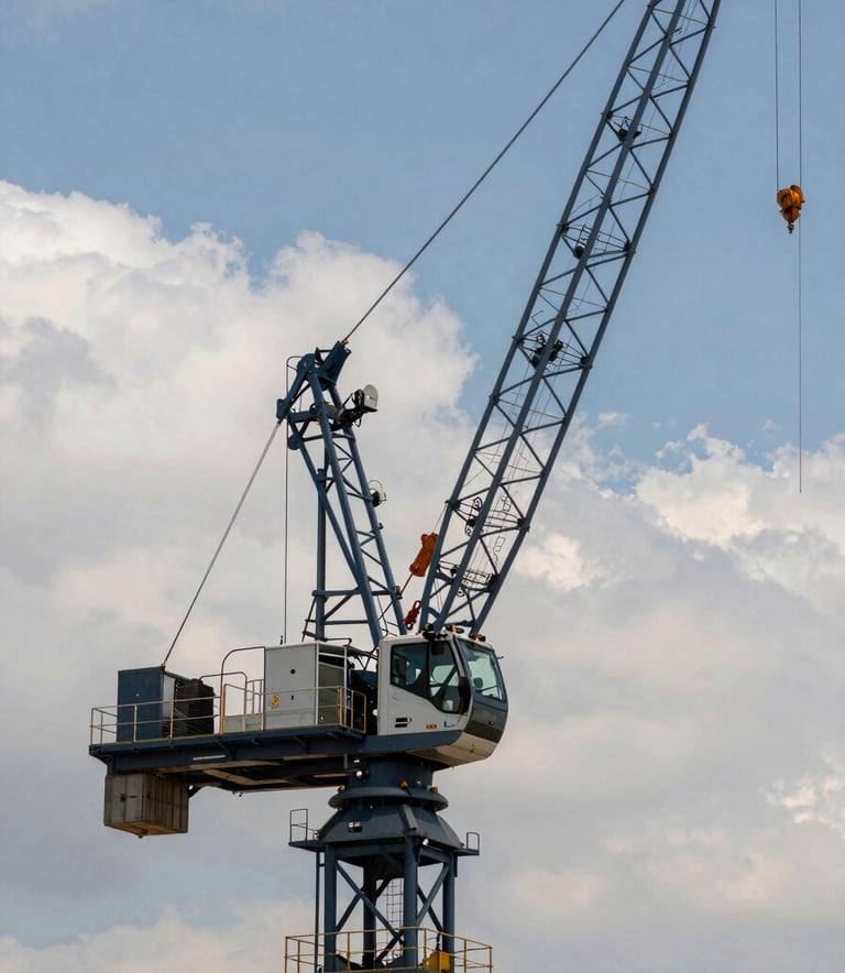 A professional commercial crane operating in a modern industrial setting in Cordoba, bright daylight, Steel Blue Grey metal accents, Soft Off-White clouds in the distance, sharp focus photography.