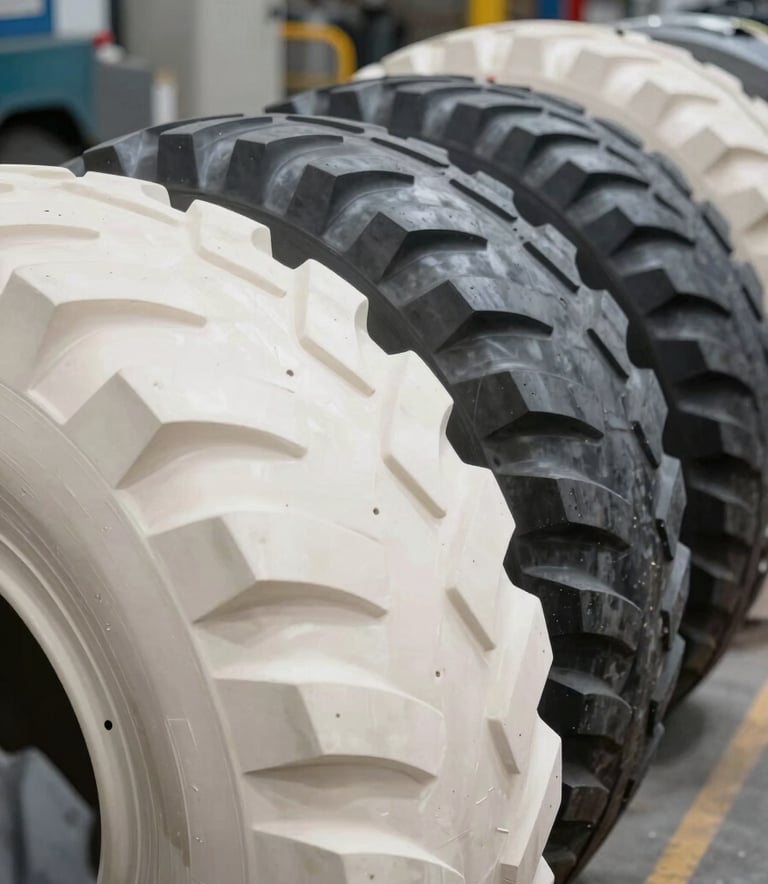 A close-up photograph of a row of heavy-duty crane tires in a clean warehouse, highlighting the tread texture and professional industrial setting. Lighting is clear and even, using professional off-white and dark slate grey tones.