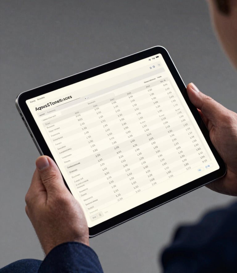 Close-up of a professional tablet displaying financial spreadsheets and price indices, held by a man in work gear, Soft Off-White lighting, Dark Charcoal Blue and Silver Grey background.