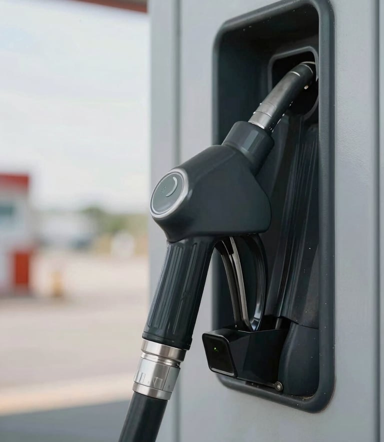 A sharp, professional photograph of a diesel fuel nozzle at a commercial transport station. The composition is focused on the handle and mechanical parts, using a palette of dark slate grey and soft light grey.