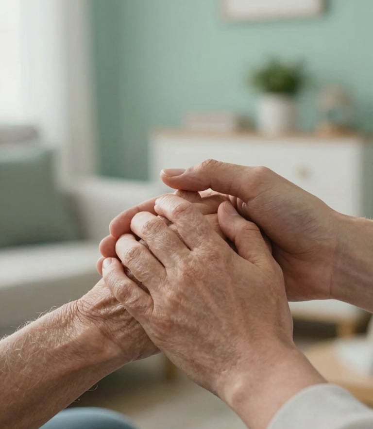 A close-up photograph of a younger hand gently holding an older hand in a supportive gesture, set within a cozy North American / US home. The background features soft, out-of-focus Muted Sea Green and Mist White decor, creating a serene and trustworthy atmosphere.