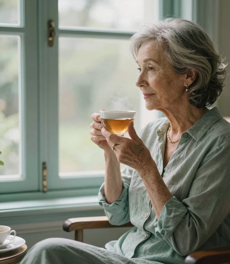 An elegant senior woman enjoying a cup of tea by a large window in a cozy North American / US sunroom. Muted sage teal accents in the decor. Soft, natural lighting.