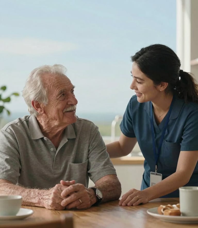 A medium shot of a caregiver and a senior man sitting at a kitchen table in a North American / US home, sharing a pleasant conversation. Background features soft airy sky blue tones.