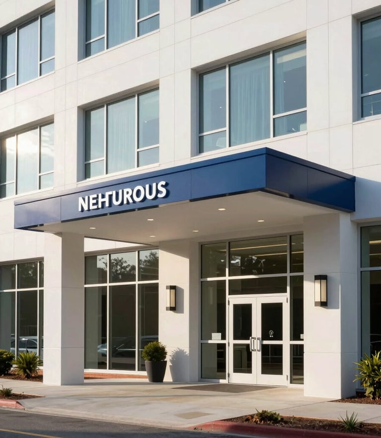 A professional and modern architectural shot of a corporate building entrance in North Carolina. The lighting is crisp morning light, emphasizing clean white surfaces and navy blue branding elements. The composition is structured and intelligent.