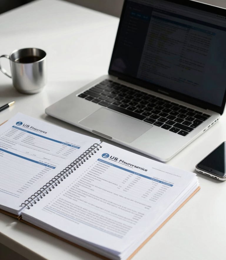 A professional photograph of an organized, modern workspace in North American / US. A high-end laptop and a stack of financial documents sit on a clean white desk. Natural light highlights silver desktop accessories, symbolizing efficiency and expert accounting services.