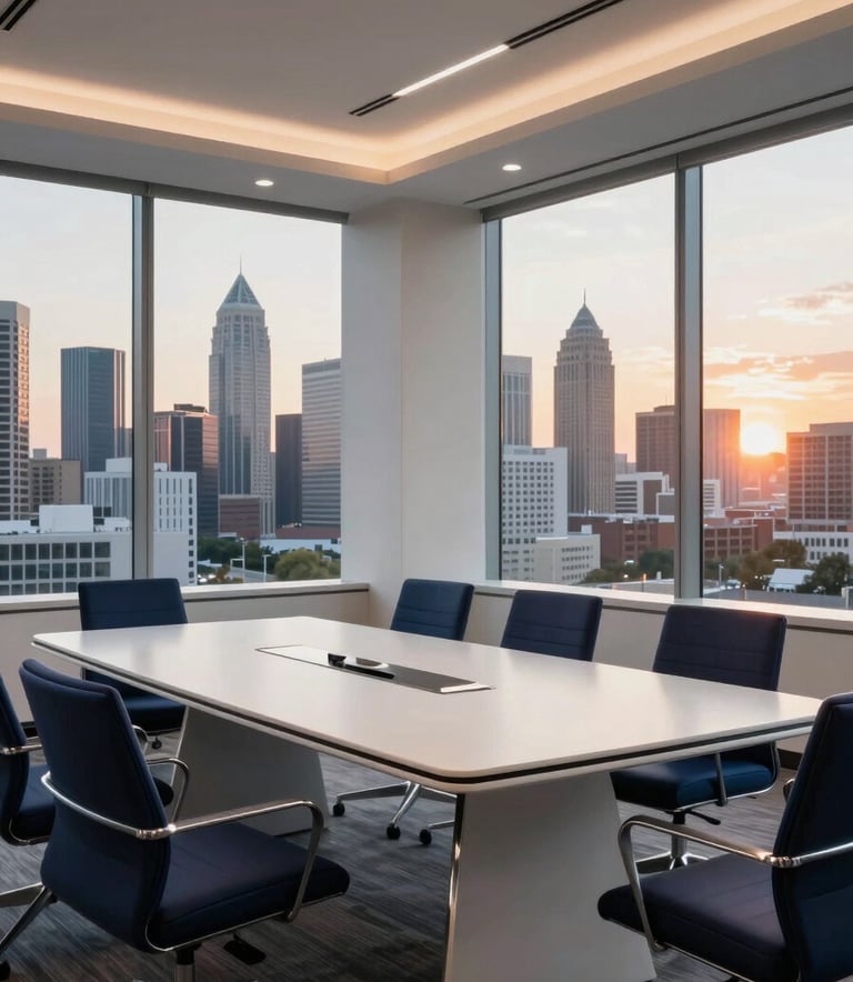 A high-end North American / US corporate office interior in Charlotte, North Carolina. The scene features a sleek conference table with silver accents, large windows overlooking the city skyline, and a warm glow of sunset lighting. The style is modern, professional, and luxurious, with a focus on clean lines and white and navy blue tones.