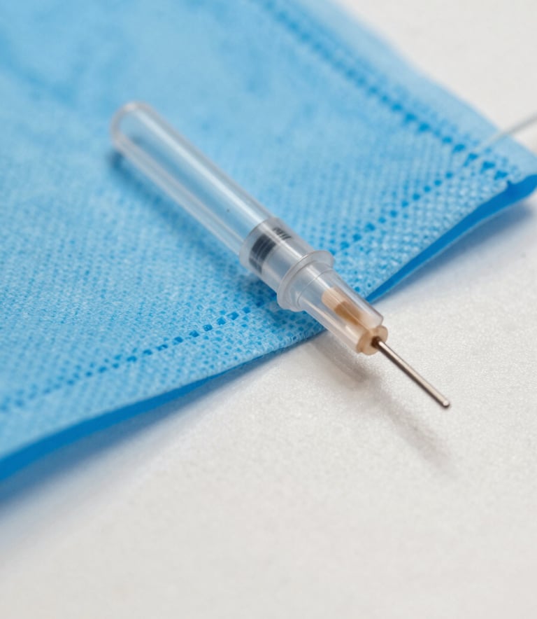 A sharp, clear macro photograph of a sterile medical cannula tip, minimalist composition, bright light blue and off-white tones, Global / International healthcare context.