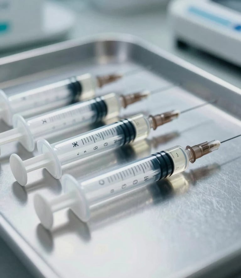 A close-up photograph of high-grade medical syringes neatly arranged on a reflective silver surface, bright clinical lighting, sleek and modern aesthetic, Global / International medical setting.
