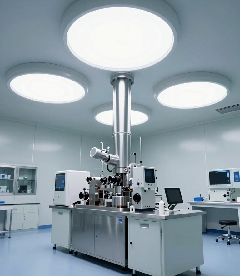 A wide-angle photography shot of a state-of-the-art sterile medical manufacturing cleanroom with bright Cloud White lighting and Silver metallic accents. The environment is sleek, modern, and conveys high-tech precision. Global / International setting.