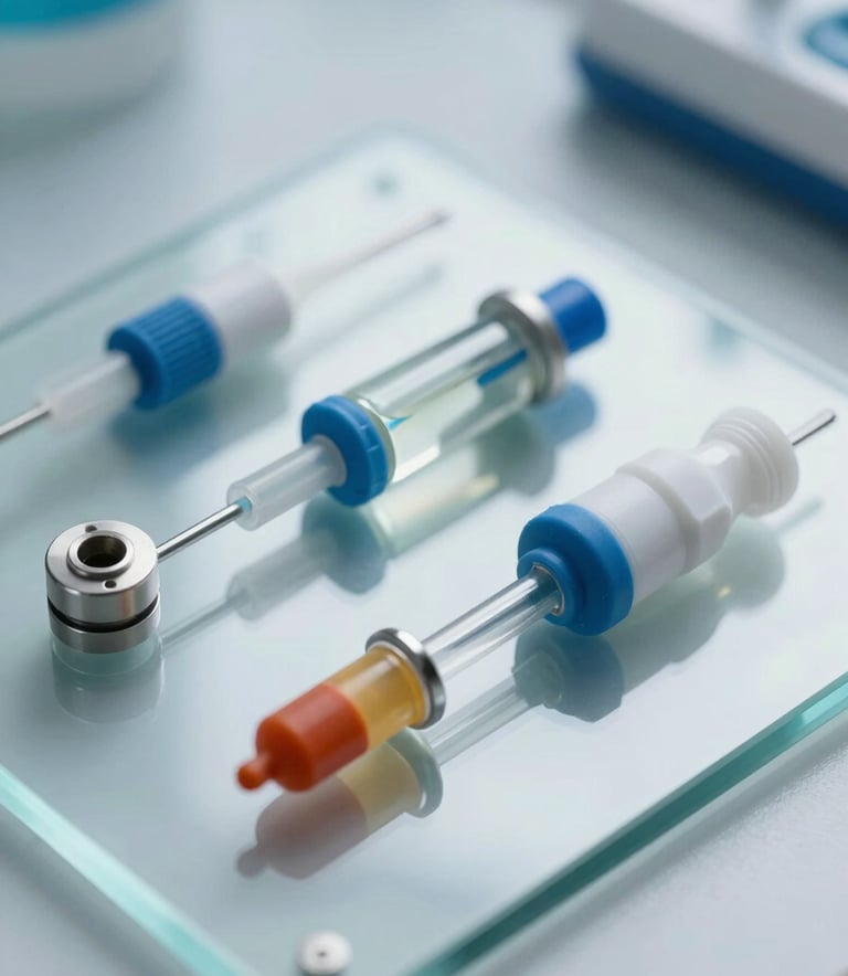 Macro photography of high-quality infusion set components resting on a polished glass surface. Soft studio lighting with Azure Blue and Cloud White highlights. Sharp focus on technical details, reflecting a sophisticated medical aesthetic. Global / International style.