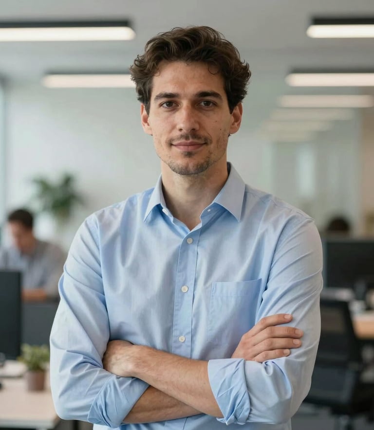 A professional portrait of a logistics consultant in a light blue shirt, standing in a bright, modern European office. He looks confident and approachable. The background is softly blurred with hints of a corporate environment.