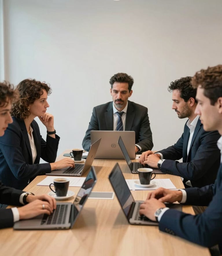 Professional lifestyle photography of a group of entrepreneurs in a modern meeting room in Barcelona, Spain. They are gathered around a table with laptops and coffee, appearing focused and empowered. Soft natural lighting, with a clean and sophisticated atmosphere.