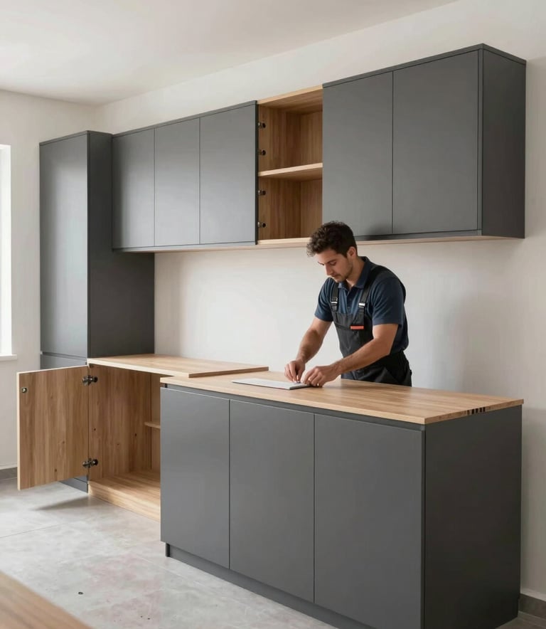A wide-angle shot of a bright, modern Middle Eastern / Gulf home interior where a professional technician is carefully assembling charcoal grey and tan wood IKEA cabinets. Clean and organized workspace.