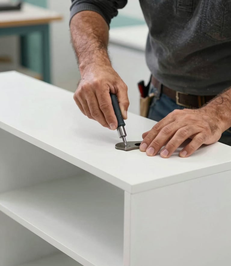A close-up photograph of a professional carpenter's hands in a bright workshop in the Middle Eastern / Gulf region, carefully assembling a modern white cabinet with precision tools. The background is clean with muted teal and charcoal grey accents, emphasizing a high-quality, professional workspace.