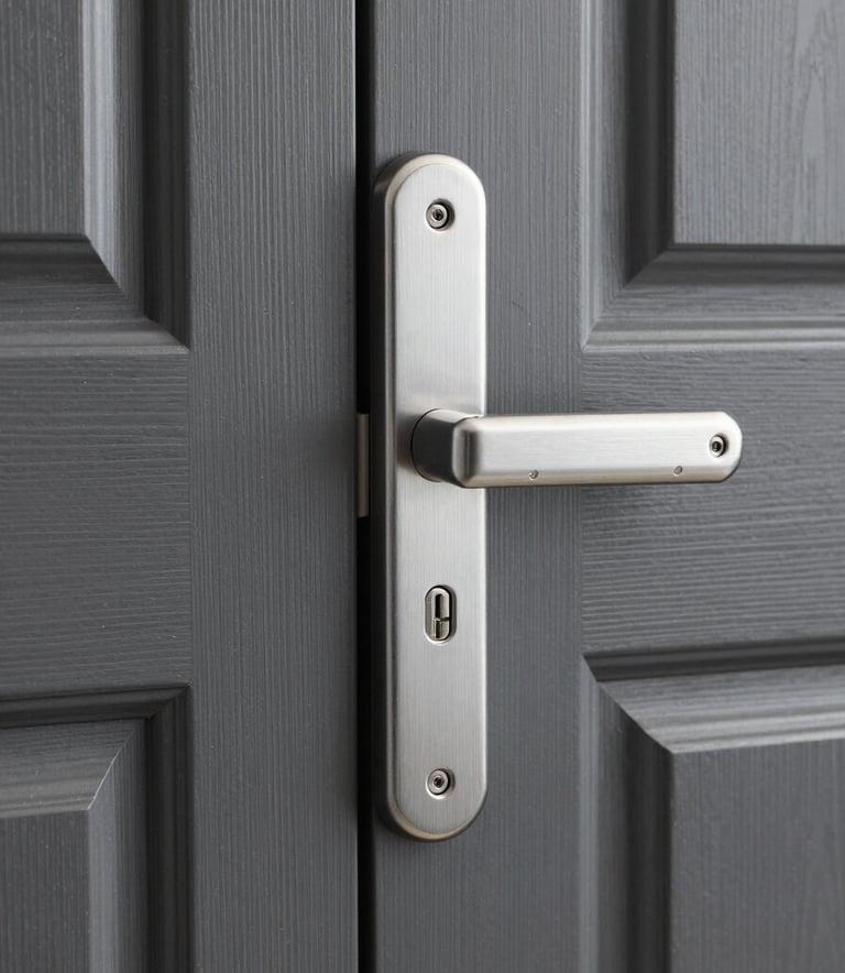 A detailed shot of a modern, heavy-duty silver door lock being installed on a polished charcoal grey wooden door. Professional focus on the craftsmanship, Middle Eastern / Gulf setting.