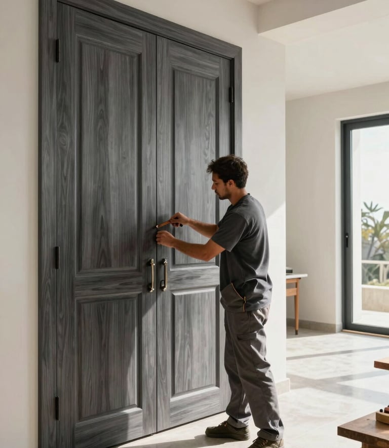 A wide-angle shot of a skilled carpenter in traditional work attire working in a modern Gulf villa interior. He is expertly fitting a large wooden door. The scene is bright with natural sunlight, highlighting the charcoal grey and muted brown wood textures, conveying reliability and expertise.
