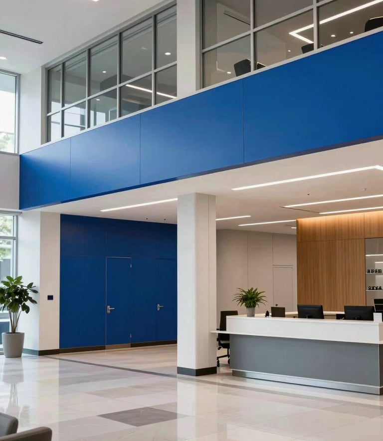 Photography of a clean, modern commercial office lobby in Orlando, North American setting. High-end professional atmosphere with sharp focus on polished surfaces and streamlined interior design. Delft Blue and Platinum accents.