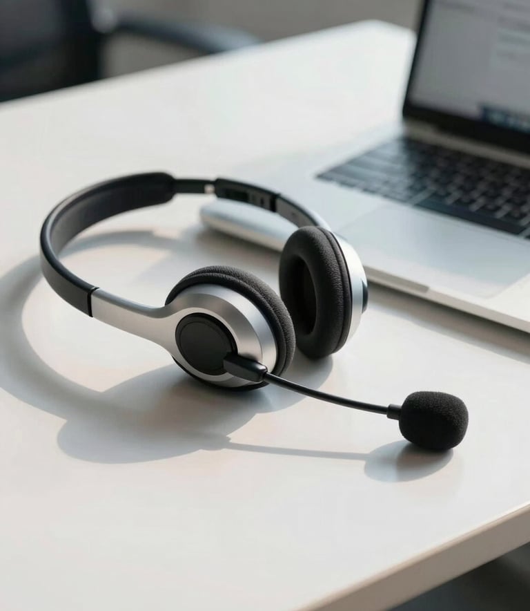 A close-up photograph of a professional office desk in a South American business setting, featuring a high-end headset with a microphone resting next to a modern laptop. The lighting is bright and natural, reflecting a clean and trustworthy atmosphere with soft blue accents.