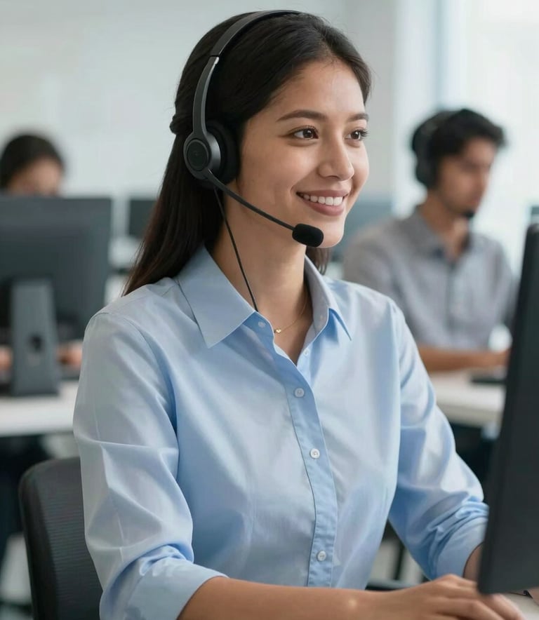 Photography of a smiling South American call center professional wearing a modern headset, working in a bright, organized office with light blue and white colors, embodying efficiency.