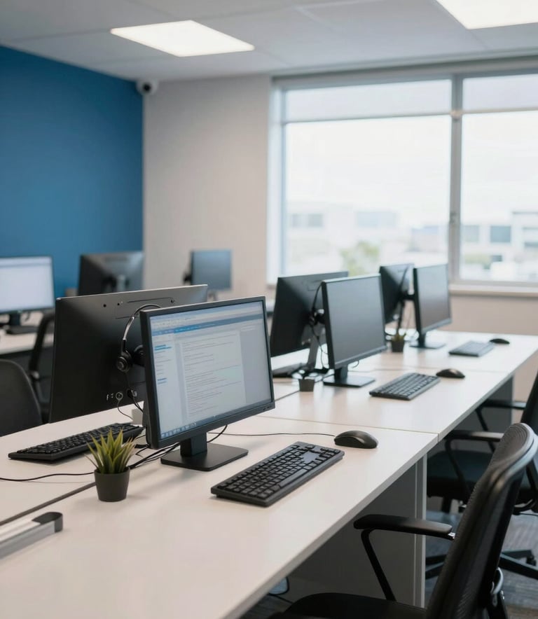 Wide shot of a modern, clean call center office in Brazil, featuring ergonomic desks with computers and headsets, bright lighting, and a professional atmosphere with medium blue and light gray accents.