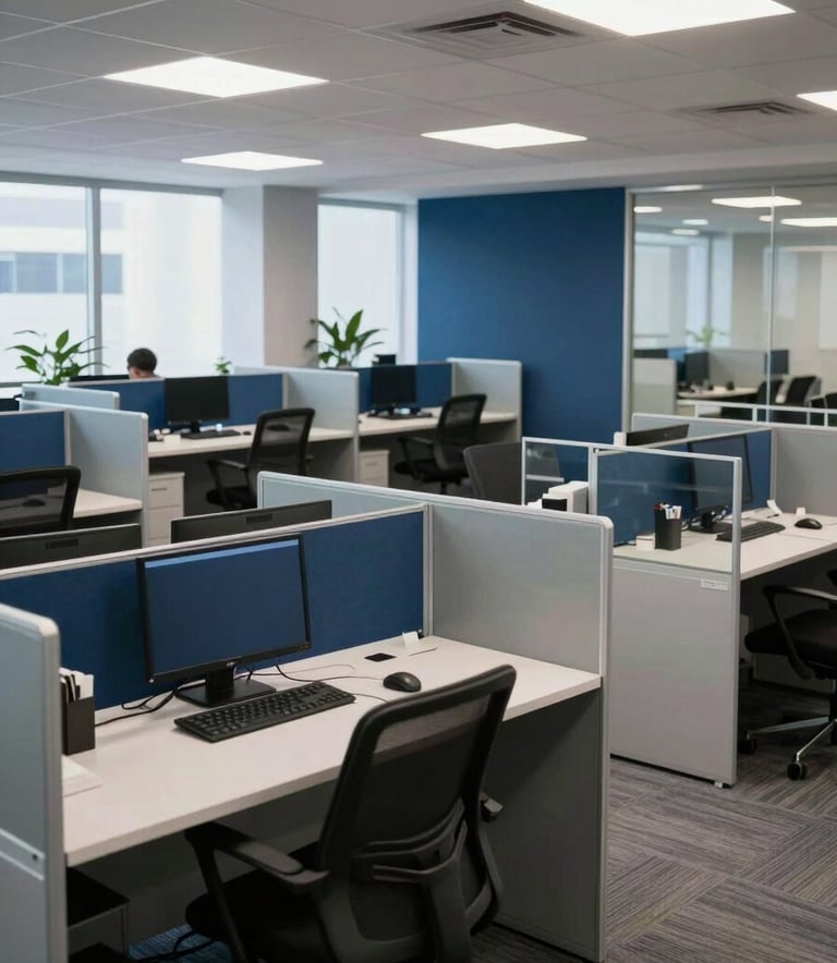 A wide-angle professional photograph of a contemporary call center environment in South America. The space is organized and bright, with workstations separated by glass panels, reflecting efficiency and professional reliability. The color scheme features tones of navy blue and light gray.