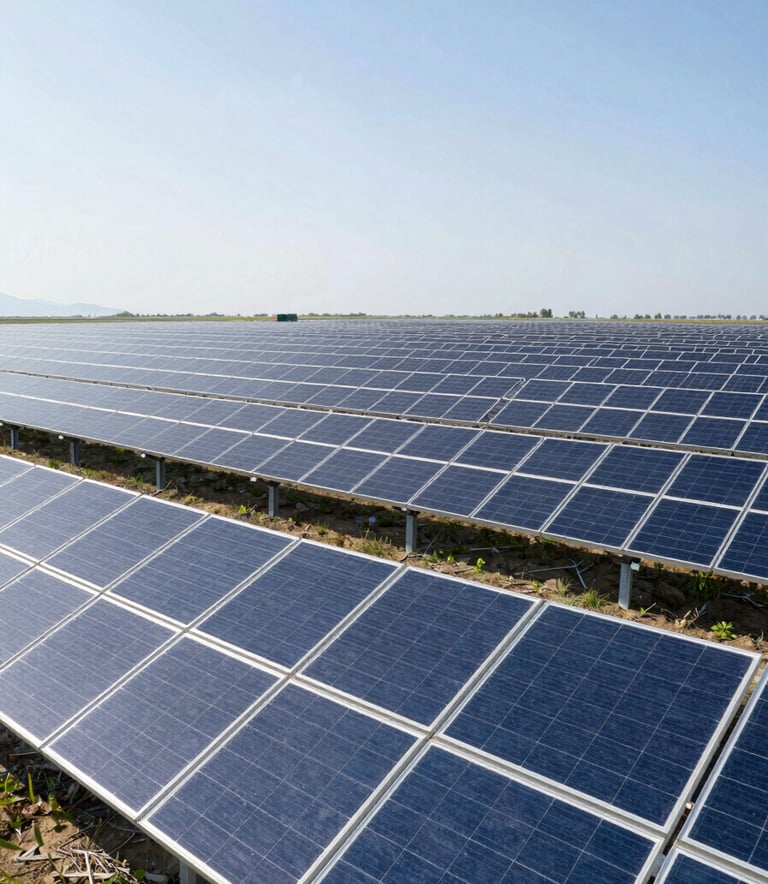 A wide-angle, cinematic shot of a modern solar farm. Thousands of panels in Steel Blue reflect a clear Pearl White sun. The composition is clean and symmetrical, emphasizing the forward-thinking nature of XiroSolar and sustainable energy infrastructure.