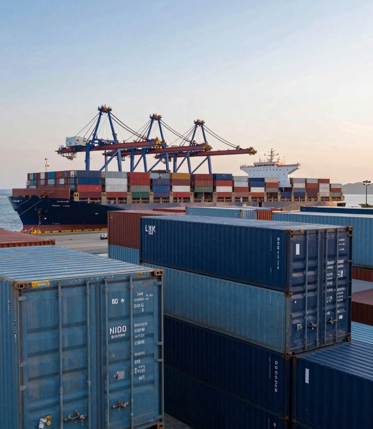 A high-end professional photograph of a massive international shipping port at dawn. Large steel shipping containers in Steel Blue and Dark Slate Navy are stacked precisely. A cargo ship is docked in the background under a soft Pearl White and Sky Blue sky, conveying global reach and industrial reliability.