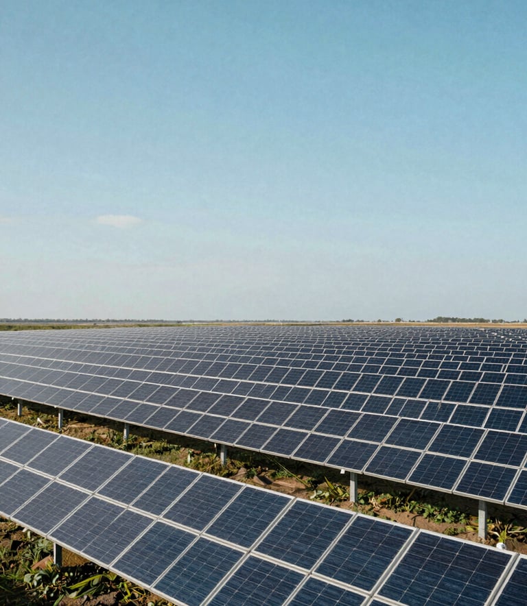 A clean, bright photograph of a massive solar farm array stretching to the horizon under a soft cerulean sky, capturing the scale of renewable energy infrastructure.